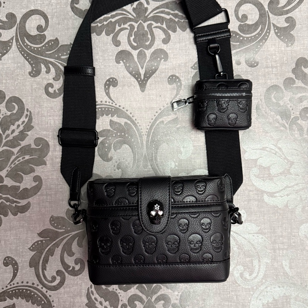 Betsey Johnson Black Skull Embossed Crossbody “Camera” Bag